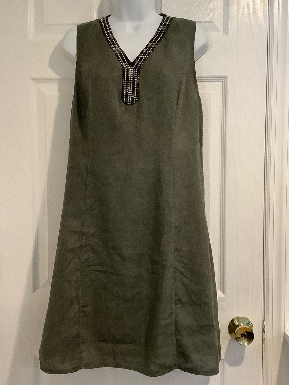 LINA TOMEI 100% Linen Made In Italy Green Jeweled Euro Summer Shift Dress L